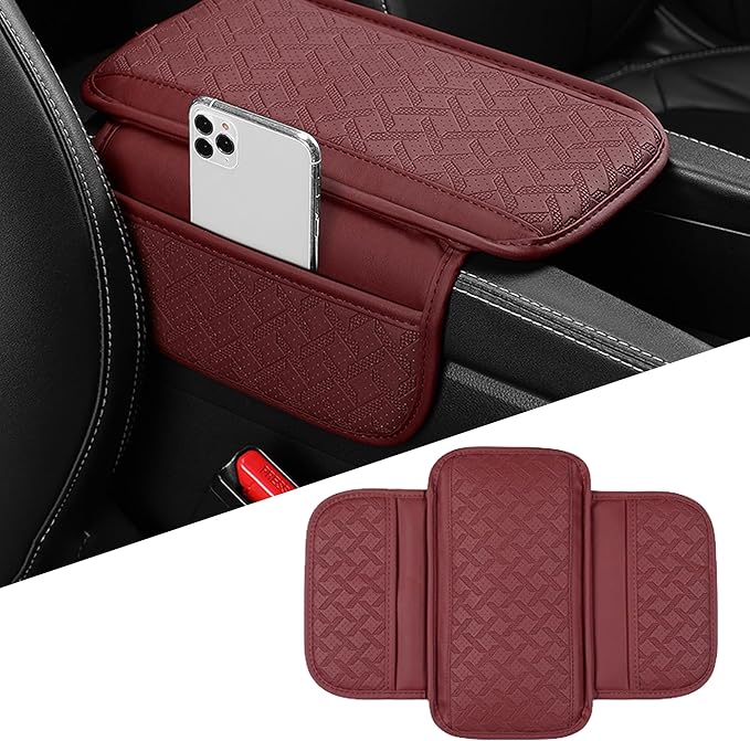 Car Armrest Cushion, Leather Soft Vehicle Center Console Cover with 2 Storage Bag, Breathable Automotive Interior Arm Rest Protection Pad Accessories, Universal for SUV Sedan Truck(Wine Red)