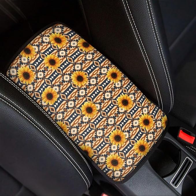 Sunflower Aztec Auto Armrest Console Car Accessories Car Center Console Cover Easy to Install Armrest Console Cover Soft Fit for Most Cars, Vehicles, SUVs