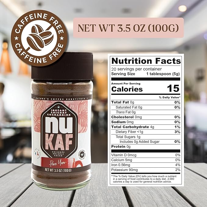nuKAF By Gourmanity Instant Chicory Coffee Alternative with Cocoa, Brews Like Regular Coffee, Chicory Root Powder Great for Your Daily Drink, Rich in Prebiotics, Kosher, 3.5oz jar (Pack of 2)