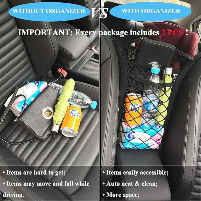 2 Pack Car Mesh Organizer, Dog Car Net Barrier Pet Barrier Stretchable Storage Handbag Holder Between Seats Universal for Cars SUVs, Car Divider for Driving Safely with Children and Pets