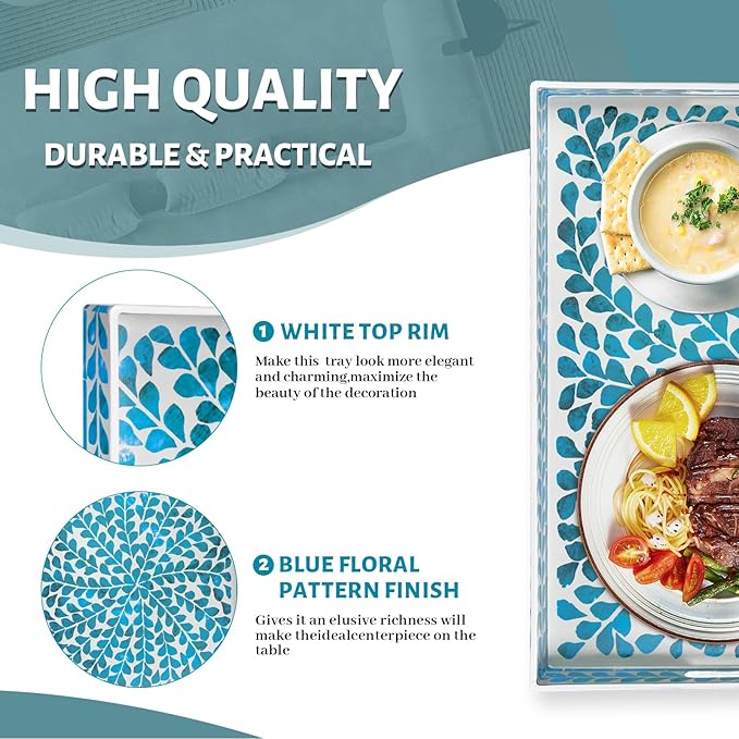 MAONAME Blue Decorative Tray, Plastic Serving Tray with Handles, Leaf Pattern Sticker Trays, Rectangular Trays for Living Room, 15.7" X 10.2" X 1.57"