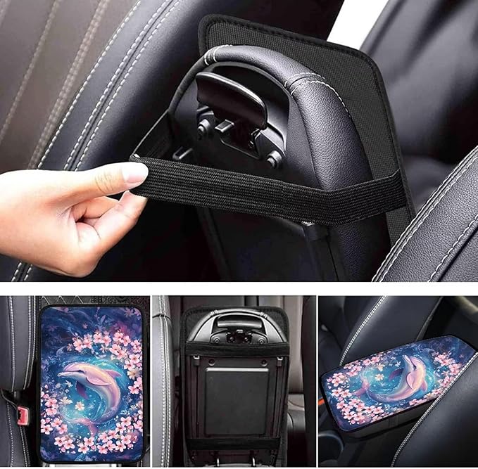 Floral Dolphin Car Center Console Cover for Women Dustproof Decorative Armrest Cushion Cover Non Slip Automotive Decorations for Cars Vehicles SUV, Easy to Install