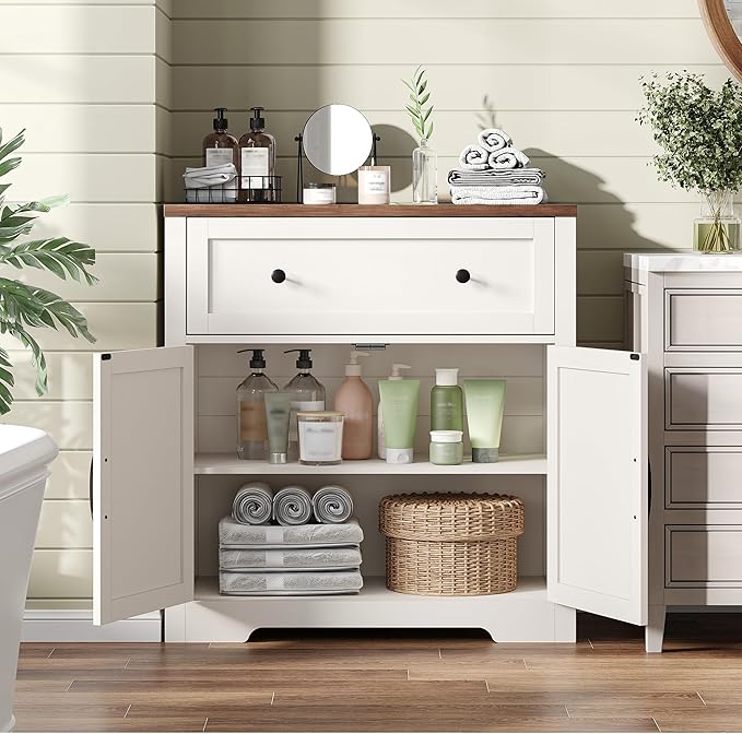 Coffee Bar Cabinet with Storage, Small Kitchen Storage Cabinet, Modern Farmhouse Buffet Sideboard with Drawers and Adjustable Shelves, Barn Door Accent Cabinets for Kitchen, Dining Room, Living Room