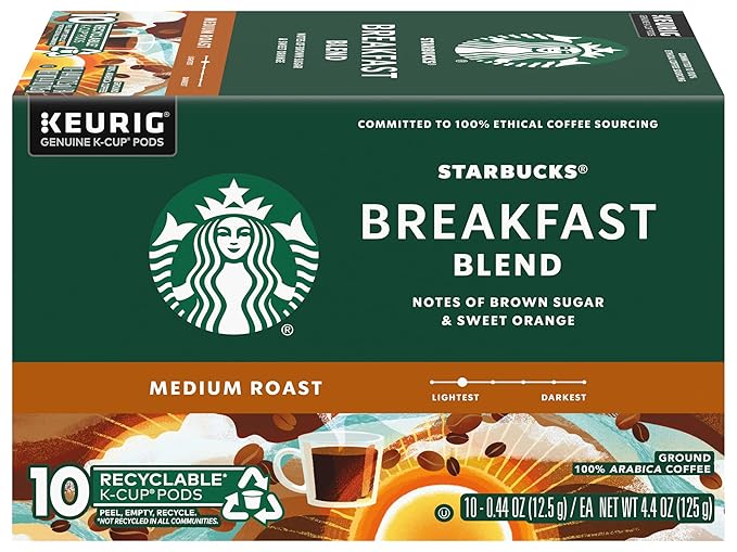 Starbucks Coffee K-Cup Pods, Breakfast Blend Medium Roast, Ground Coffee K-Cup Pods for Keurig Brewing System, 10 CT K-Cup Pods Per Box (Pack of 2 Boxes)