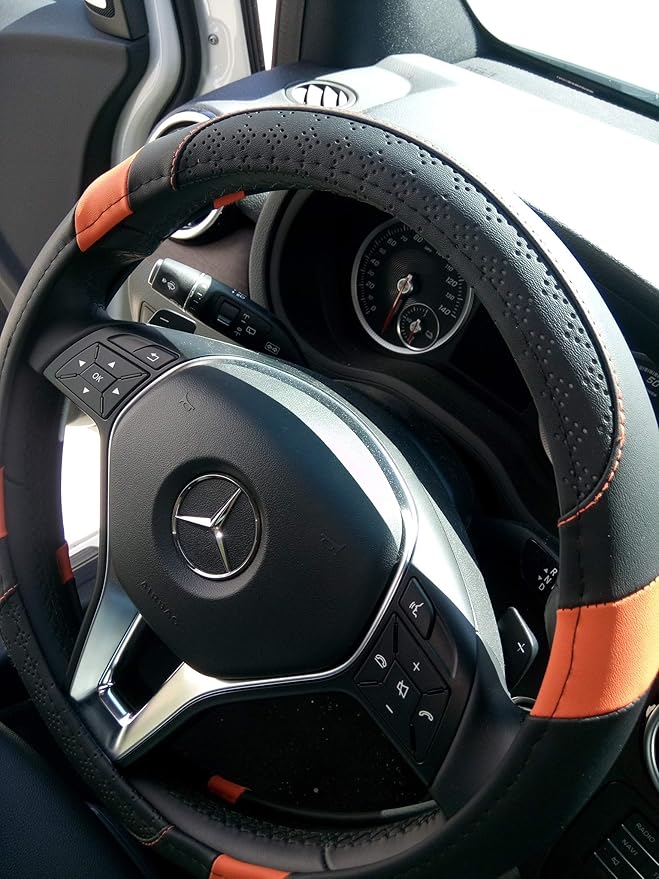 Jdragon Black & Orange PU Leather Best Grip Slip-On Steering Wheel Cover 14.25-15" Diameter