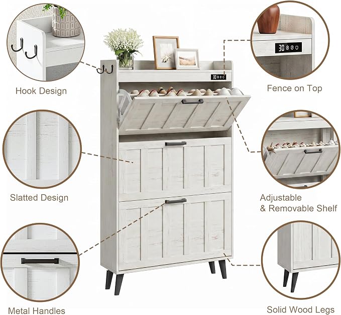 ChooChoo Shoe Storage Cabinet with 3 Flip Drawers, Deodorizing Shoe Organizer Storage for Entryway, Freestanding Hidden Slim Narrow Shoe Rack Cabinet, Antique White