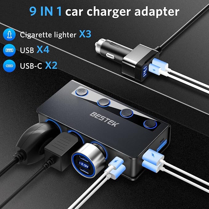 BESTEK 180W Cigarette Lighter Splitter, 3-Socket Car Adapter with PD36W/65W and QC3.0 18W*4 Charging Ports,Independent Output Power, LED Voltage Display Super Fast Charger for GPS, Car, iPhone 17