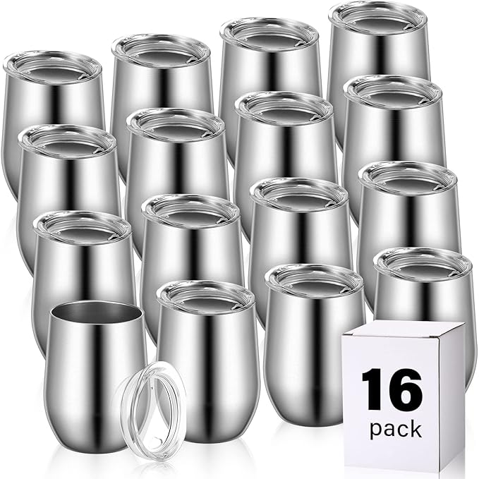 16 Pack Stainless Steel Wine Tumblers 12 oz Insulated Vacuum Wine Cup Set Double Wall Stainless Steel Stemless Mug Glasses for Coffee Soda Whiskey Outdoor Travel (Silver)