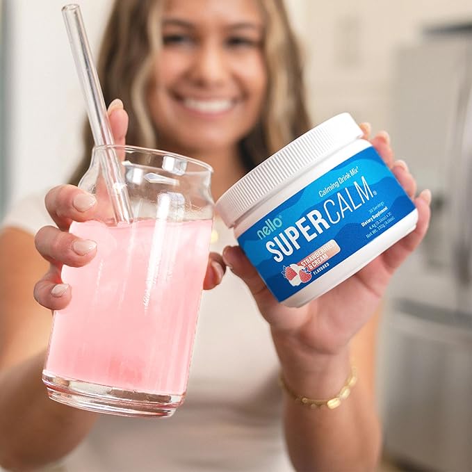 Nello Supercalm Powdered Drink Mix Tub, Cortisol Reducer* and Sleep Aid Supplement, L Theanine, Ksm-66 Ashwagandha, Magnesium Glycinate, Vitamin D 3, No Sugar, Non GMO, 30 Ct, Strawberries & Cream