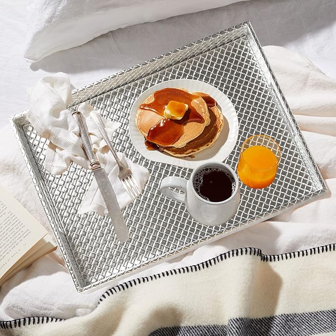 HofferRuffer Rectangle Serving Tray with Hole Handles for Coffee Table, Breakfast, Tea, Food, Butler - Countertop, Kitchen, Vanity Serve Tray, 16.2 x 12.2 x 2 inches, Faux Leather (Silver) (Pack of 2)