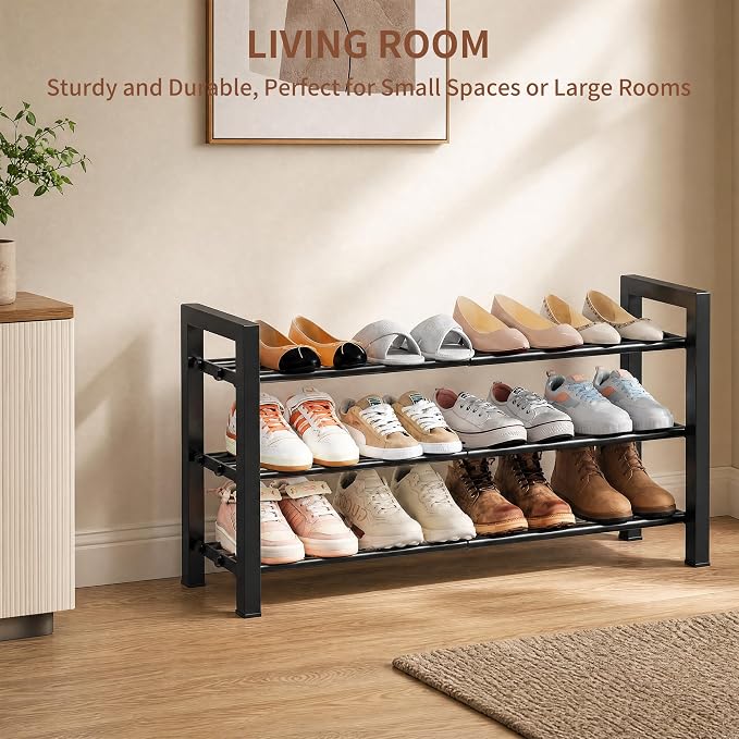 Upgraded 3-Tier Expandable Shoe Rack, Adjustable Shoe Shelf Storage Organizer Heavy Duty Metal Free Standing Shoe Rack for Entryway Closet Doorway (Black)