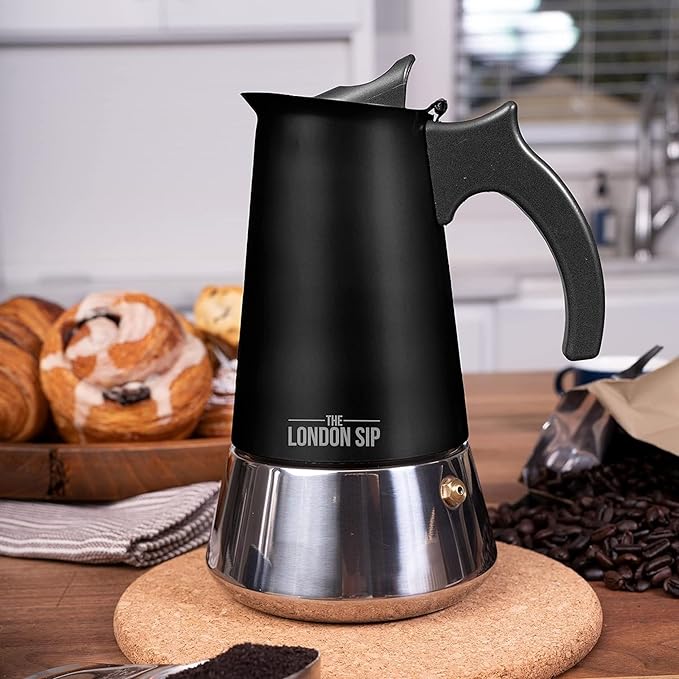 London Sip Stainless Steel Stovetop Espresso Maker Moka Pot Italian Coffee Percolator, Matte Black, 10 Cup