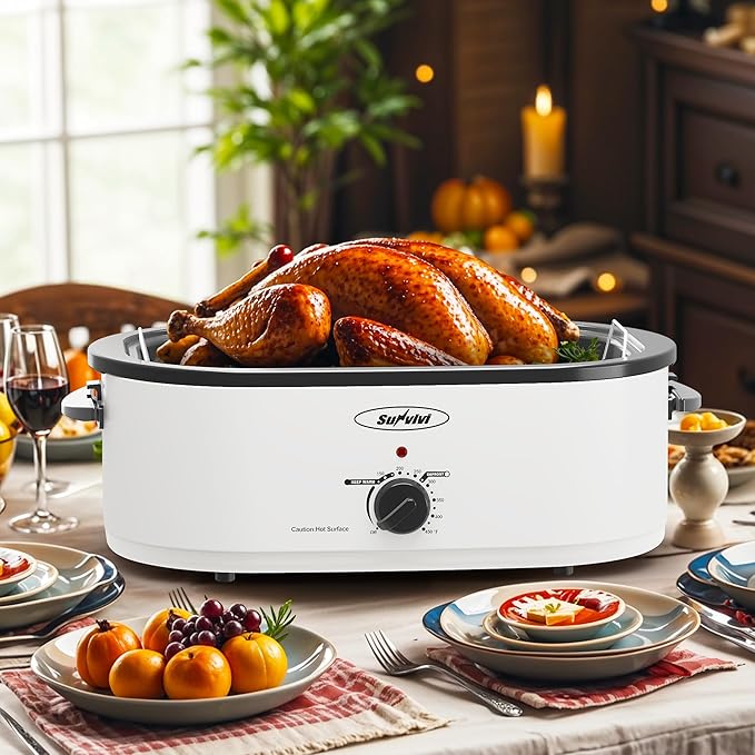 Sunvivi Electric Roaster,18 Quart Roasting Oven with Self-Basting Lid Removable Pan,Turkey Roaster Oven with 150 to 450F Temperature Control Cool-Touch Handles,White