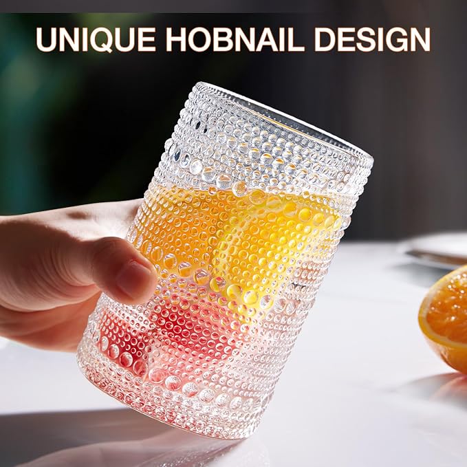 Hobnail Drinking Glasses Set of 8, 4 Highball Glasses 15oz,4 Rocks Glasses 12oz,Mixed Drink Cocktail Glass, Vintage Embossed Glassware Sets for Whiskey,mocktails, Water & Juice Drinkware