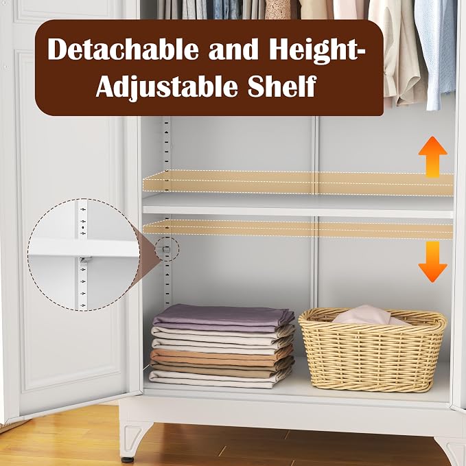 SteeLoong Metal Wardrobe Cabinet with Hanging Rod, 71" Tall Armoire Wardrobe Closet with 2 Doors and Adjustable Shelves, White Clothing Storage Cabinets for Bedroom, Laundry Room, Cloak Room