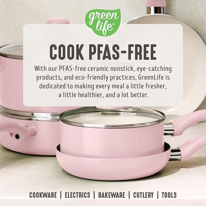 GreenLife 5 Quart Nonstick Stock Pot with Lid, Non-Toxic Ceramic Pot, Dishwasher Safe, Induction Ready, Fast Heating, Stay-Cool Handles, Kitchen Casserole, Soup, Pasta, Easy Clean, Blush Pink