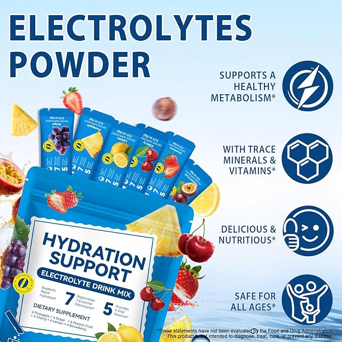 Electrolytes Powder Packets, Hydration Powder Drink Mix - 7 Essential Electrolytes, 5 Vitamins for Hydration & Nutrients Replenishment, Vitality Support, Sugar Free - 24 Packets/6 Flavors