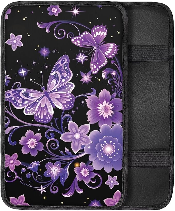 Purple Butterfly Car Console Covers Armrest Console Cover Soft Car Center Console Cover Accessories Protect from Pet Claws Universal Cars Interior Accessories Decoration