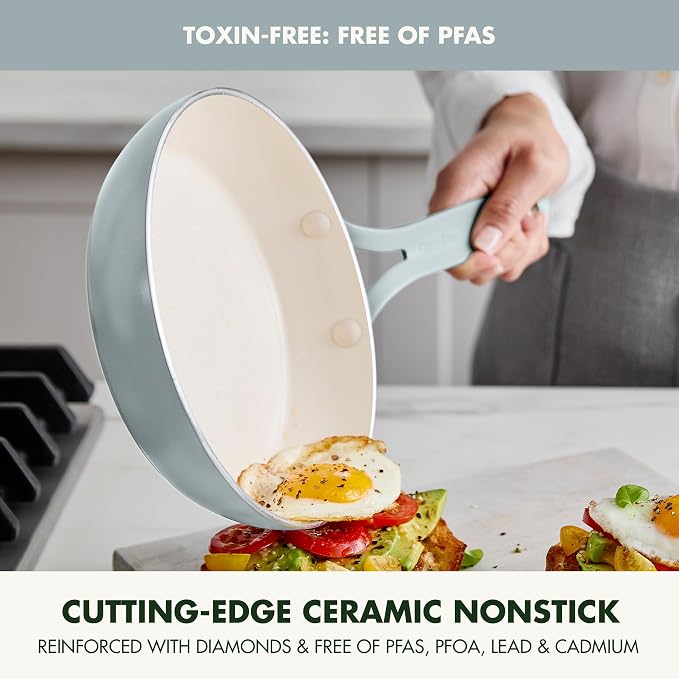 GreenPan Nova 2-Piece Nonstick Frying Pan Set, 8” & 10” Skillets, PFAS-Free Ceramic Cookware, Durable Fast Heating, Induction Ready, Omelet & Eggs, Oven Safe to 600F, Dishwasher Safe, Coastline Blue