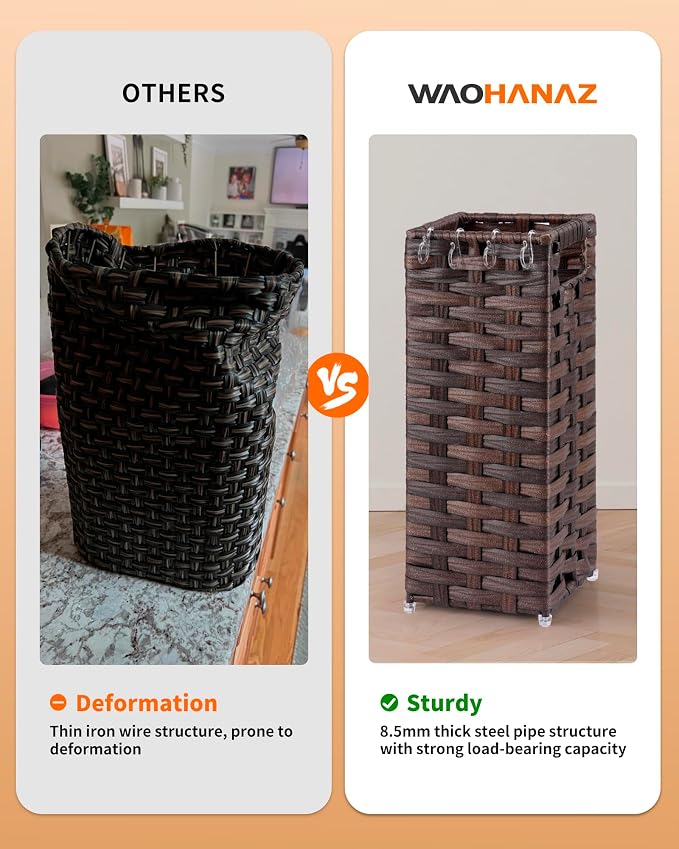 Rattan Umbrella Stand, Umbrella Holder for Entryway, Hand Woven Umbrella Rack Organizer Freestanding, with a Detachable Drip Tray, 4 Hooks, 6.5" L x 6.5" W x 16.5" H, Brown