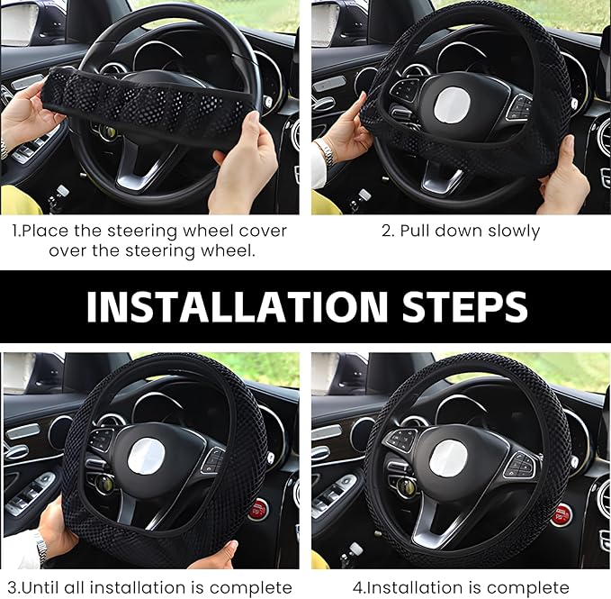 Elastic Stretch Car Steering Wheel Cover, Comfortable Steering Wheel Cover Universal for 14.5-15 Inch, Warm in Winter & Cool in Summer, Anti-Slip Breathable Ice Silk (Black)