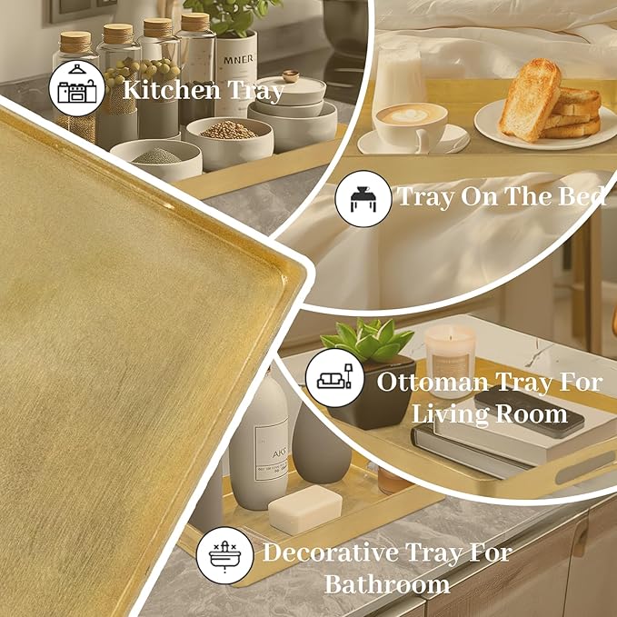 MAONAME Gold Decorative Tray with Handles, Foil Serving Tray for Ottoman, Rectangular Coffee Trays for Living Room, Bathroom, 11.8" L x 8" W x 1.6" H