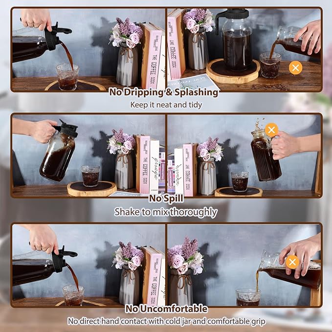 Cold Brew Coffee Maker Pitcher, Black 64 Oz Heavy Duty Wide Mouth Glass Mason Jar pour spout Lid with Stainless Steel Filter for Iced Coffee, Ice Drinks