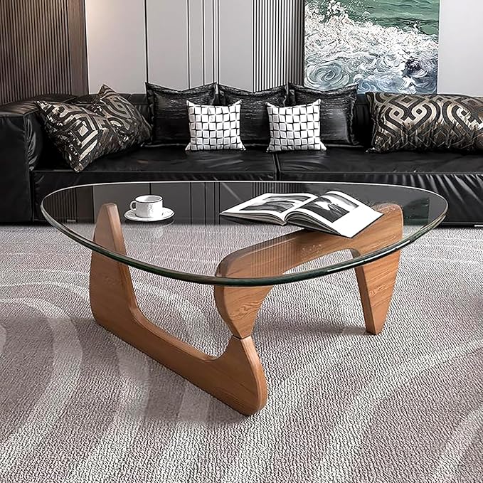 Mid Century Modern Glass Coffee Table, Coffee Table for Living Room, Noguchi Coffee Tables,Suitable for Bedroom Living Room Reception Office Tables (Walnut/Transparent, ML)