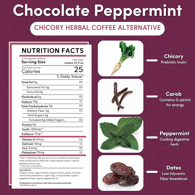 Teeccino Chocolate Mint Chicory Coffee Alternative - 11 Ounce - Ground Herbal Coffee That’s Prebiotic, Caffeine Free & Acid Free, Light Roast, (Pack of 3)