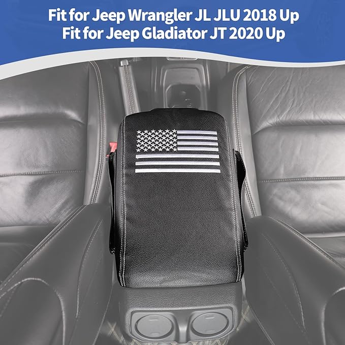 RT-TCZ for Wrangler JL Center Console Armrest Pad Cover with Storage Bag for Jeep Wrangler JL JLU 2018-Present for Gladiator JT 2020-Present American Flag Black Leather