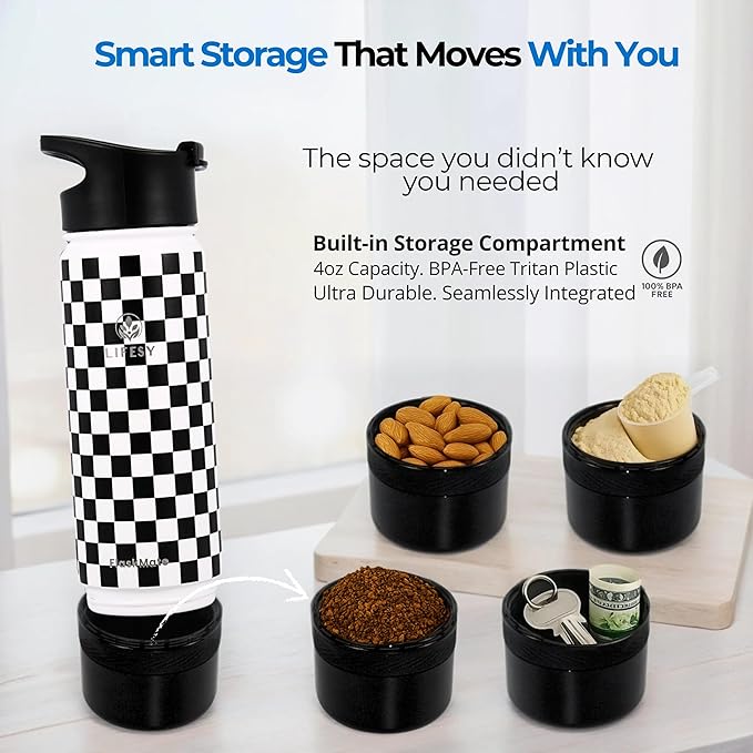 Cold Brew & Tea Infuser Bottle – 18oz Travel Water Bottle with Storage, Dual Lids & Coffee Filter – Fruit Water & Coffee Maker – FLASKMATE All-in-One System (Classic Chess)