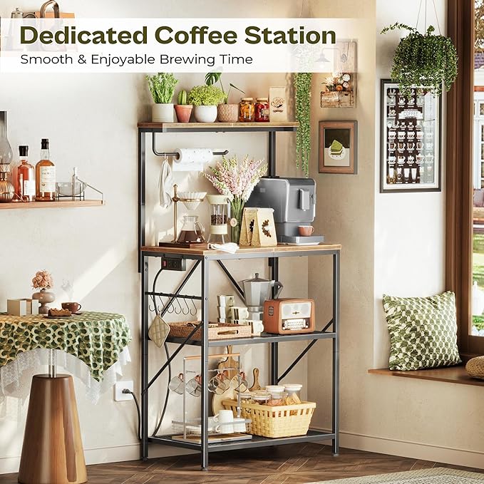 Huuger 4-Tier Bakers Rack with Reversible Power Outlet, 23.6 Inch Microwave Stand, Kitchen Coffee Bar, with Top Shelf, 6 S Hooks, Rustic Brown