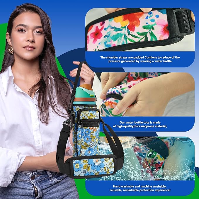 Neoprene Water Bottle Holder Bag with Cell Phone Pocket Compatible with Owala FreeSip 24 oz，Water Bottle Carrying Bag ，with Adjustable Shoulder Strap,for 24oz Stainless Steel Water Bottle
