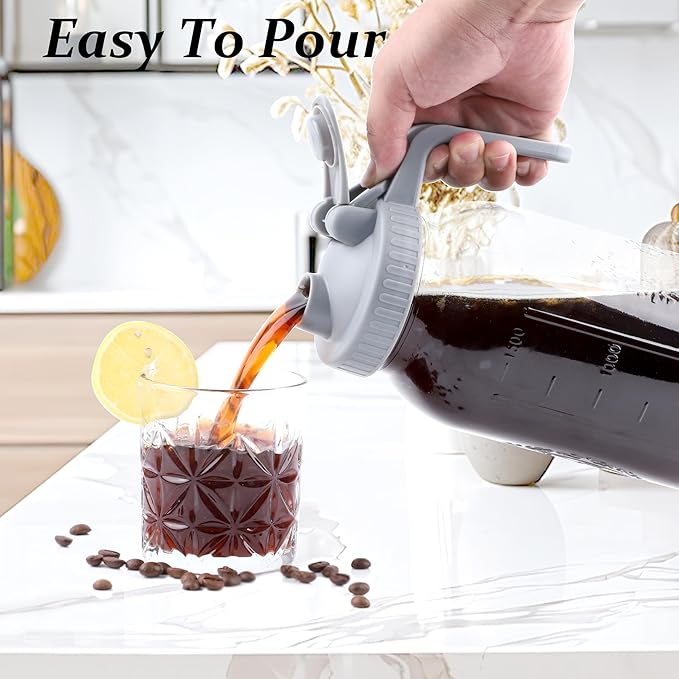 Cold Brew Coffee Maker 32 Oz Mason Jar Cold Brew Pitcher With Strainer 1 Quart Wide Mouth Glass Iced Coffee Maker With Spout Lids Glass Pitcher For Fridge, Sun Tea, Lemonade, Cold Brew