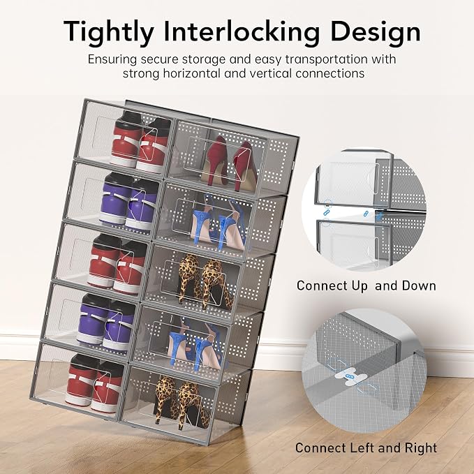 Foluck X-Large Shoe Storage Box, 15 Pack Clear Plastic Stackable Shoe Organizer for Closet, Interlocking Design Shoe Container Bins for Sneakers, Foldable Shoe Rack with Lids, Gray