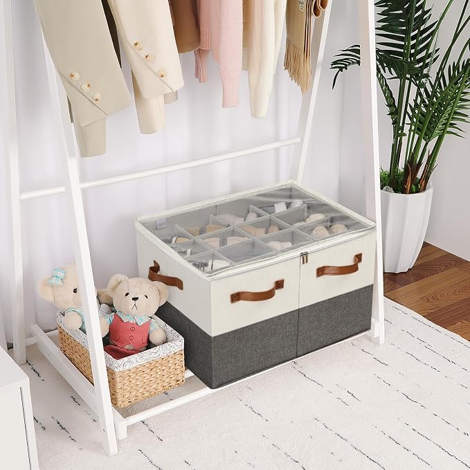 TOPIA HOME Shoe Organizer for Closet 2 Pack, Foldable Shoe Box with Adjustable Dividers and Clear Cover, Space Saving Shoe Storage Organizer Cabinet with Reinforced Handles, Fits 32 Pairs TP12WG