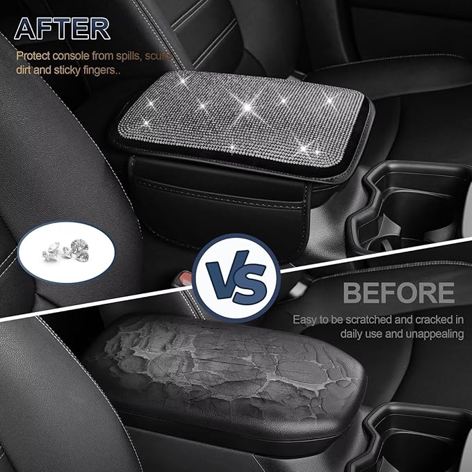 YORKNEIC Bling Center Console Cover Fit for Ford Edge: Armrest Cover with 2 Storage Pockets, Crystal Rhinestone Car Arm Rest Cover Pad Design for Protection(Silver Diamond)