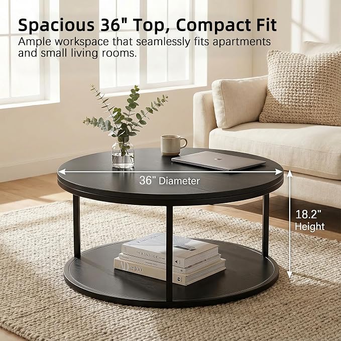 YESHOMY 36" Round Coffee Table, 2-Tier Wood Center Table with Storage Shelf, Heavy-Duty Metal Frame, Easy Assembly, Ideal for Living Room & Small Spaces, Black