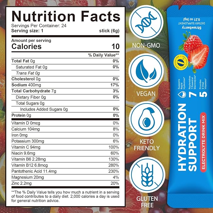 Electrolytes Powder Packets, Hydration Powder Drink Mix - 7 Essential Electrolytes, 5 Vitamins for Hydration & Nutrients Replenishment, Vitality Support, Sugar Free - 24 Packets/6 Flavors