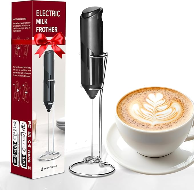 HealSmart Kitchen Milk Frother Handheld with Stand for Coffee, Electric Foamer Maker for Lattes, Mini Hand Blender for Cappuccino, Matcha, Frappe, Hot Chocolate, Wand Drink Mixer Whisk, Black