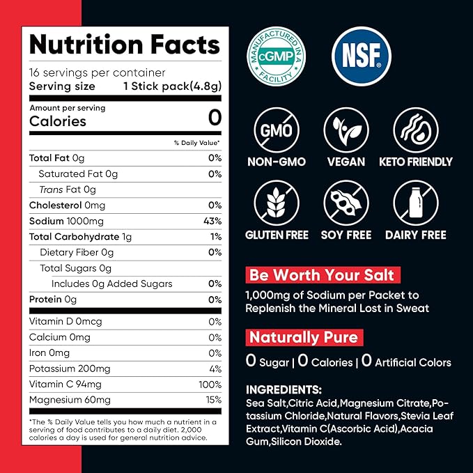 Venture Pal High Sodium Sugar Free Electrolytes Powder Packet, Zero Calories Hydration Packets with Vitamin, Sodium, Potassium & Magnesium, Electrolyte Drink Mix, Vegan, Keto Friendly, 30 Count