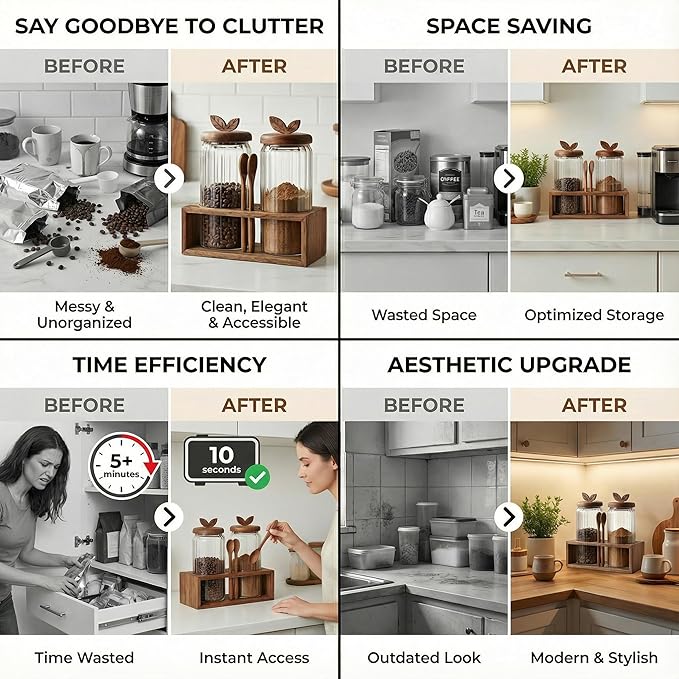 Coffee Bar Glass Canister Set – 2 × 34 floz Airtight Glass Jars with Acacia Wood Lids, 2 Acacia Wood Spoons & Acacia Organizer Tray