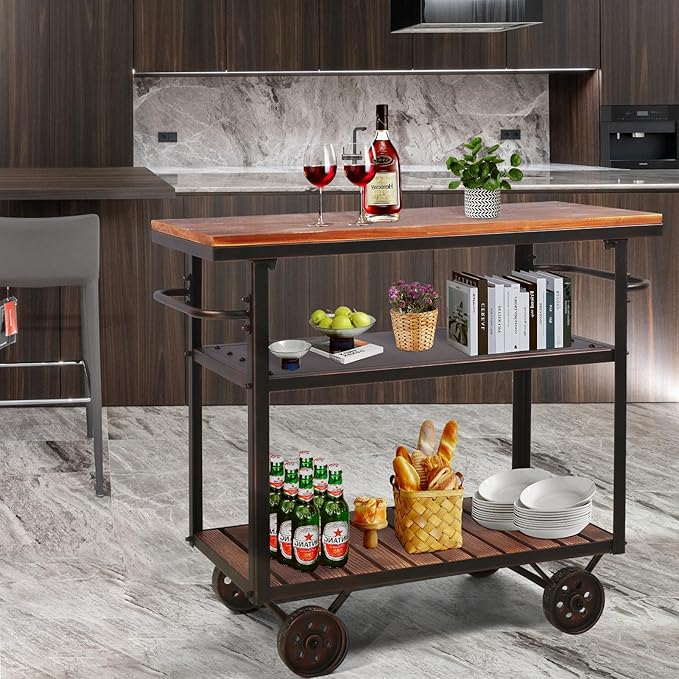 LOKKHAN Rolling Bar Cart with Handle [3 Tier] Home Kitchen Microwave Cart Island On Wheels, Mobile Serving Cart Beverage Cart, Coffee Station (Metal/Wood, Industrial Black/Rustic Brown)