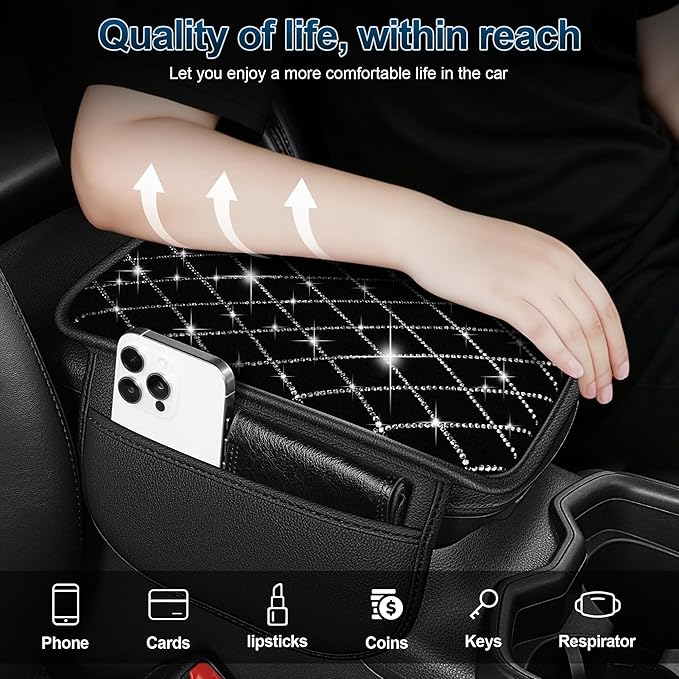 Center Console Cover for Lacrosse: Bling Diamond Car Armrest Cover - Crystal Rhinestone Car Center Console Cover with 2 Storage Bags,Anti-Scratch Auto Armrest Pad Accessory （Black