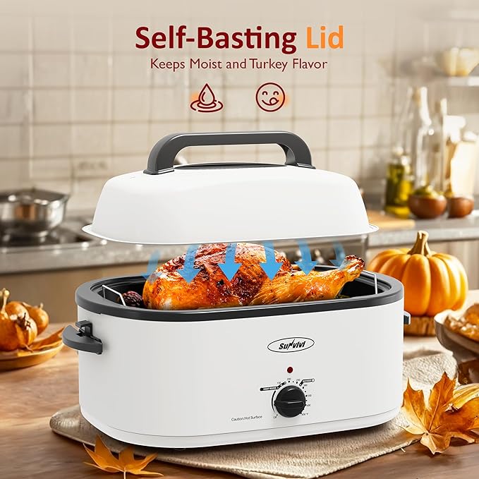 Sunvivi 26 Quart Roaster Oven, Electric Roaster Oven with Glass Lid, Turkey Roaster Buffet with Self-Basting Lid, Removable Pan, Cool-Touch Handles, White