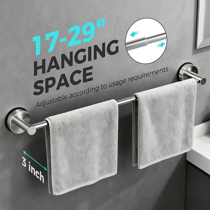 Adjustable Suction Cup Towel Bar for Bathroom Wall,17 Inch~29 Inch Towel Racks for Bathroom,Stainless Steel Bath Towel Holder for Shower(Brushed Silver)