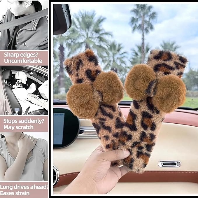 Car Steering Wheel Cover with Leopard Print & Cute Bowknot Soft Anti-Slip Y2K Retro Luxury Fluffy Fur Car Interior Accessory (Leopard Set 5)