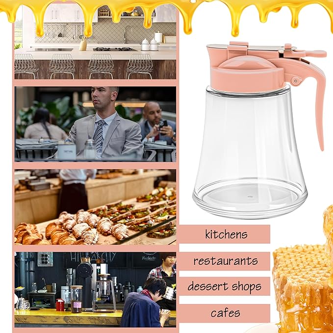 12 Oz Syrup Dispenser, No-Drip Pourers for Maple Syrup, Oil Dispenser Bottle with Non-Slip Handle, Honey Jar & Sirop Container, Reusable Syrup Bottle for Kitchen (Pink)