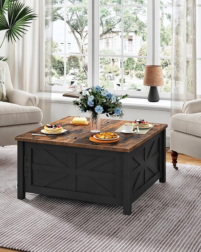 31.5" Lift Top Coffee Table, Farmhouse Coffee Table with Charging Station and Storage, 2 AC Outlets and 2 USB Ports, Black and Rustic Brown MKF02UBFN1