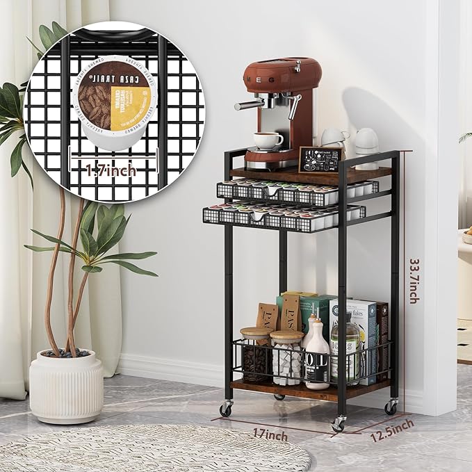 Miratino Coffee Bar Stand Station Cart, Coffee Pod Holder Drawer for 84 Coffee Pods Storage, Coffee Cart with Wheels, Stylish Home or Office Coffee Bar Station Organizer, Rustic Brown